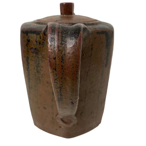 Vintage stoneware brown hexagonal teapot coffeepot handmade w/handle top 6.5" - Picture 2 of 8